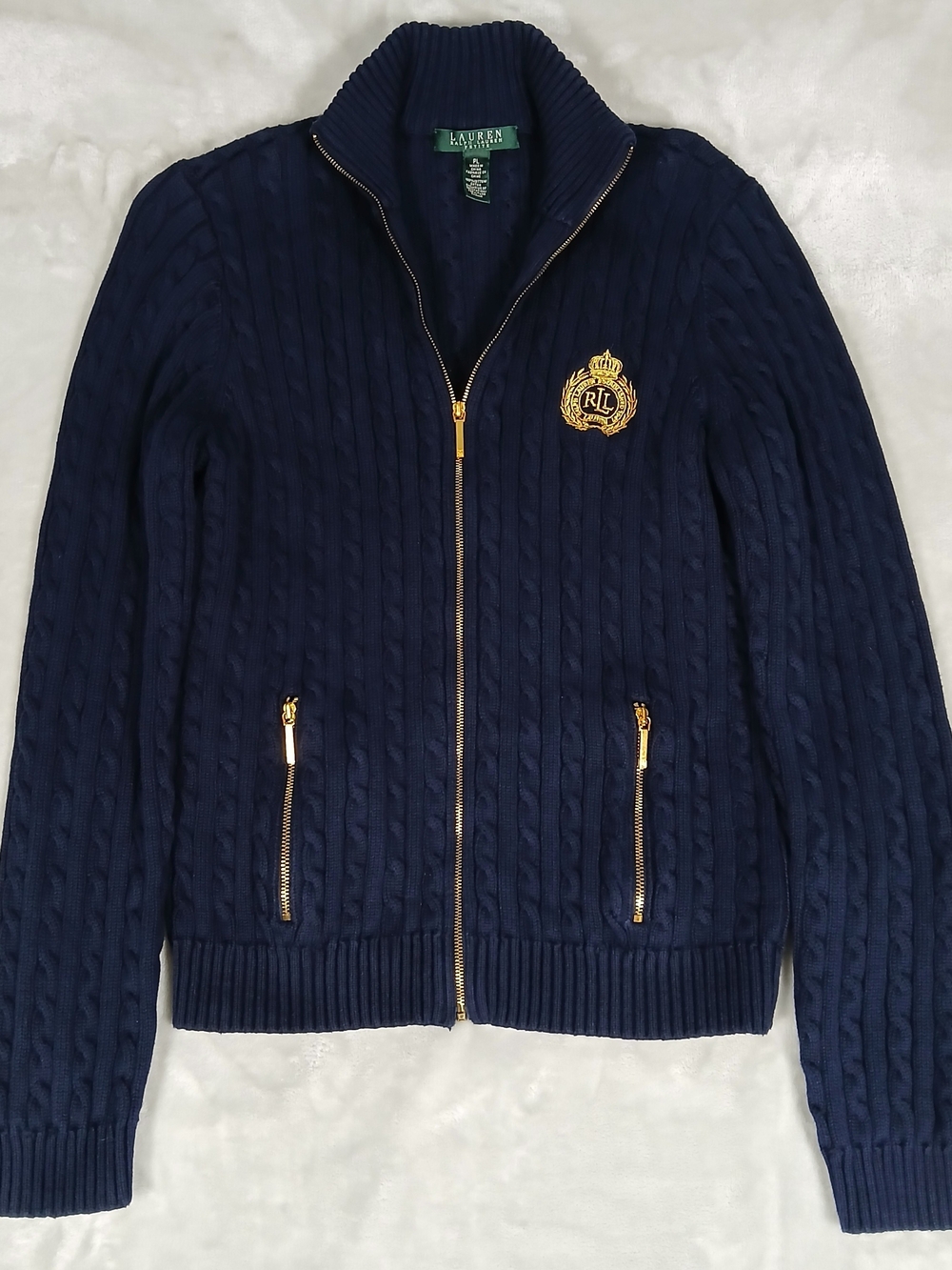 Lauren Ralph Lauren Full Zip Cable Knit Sweater L Petite Women's